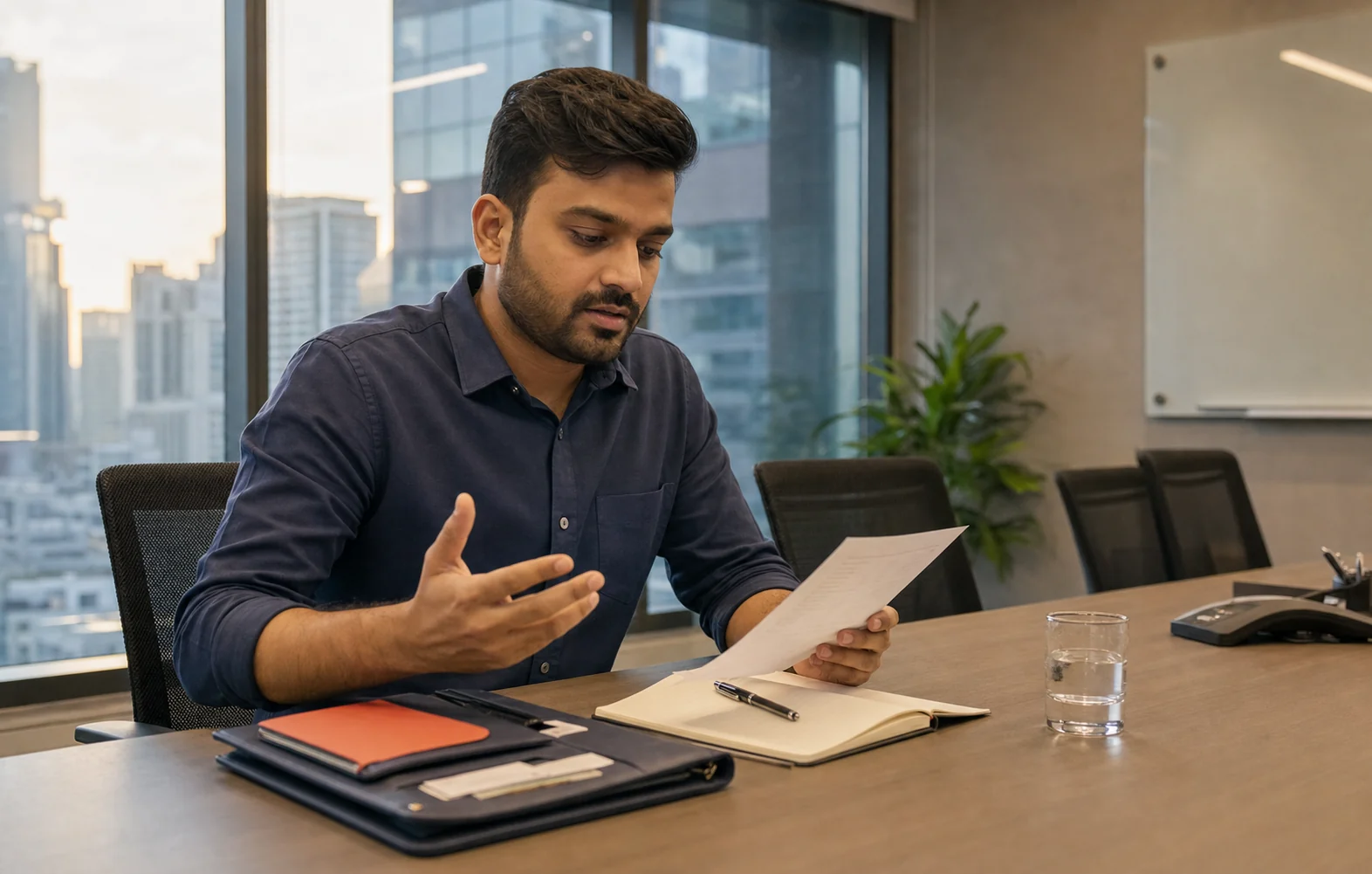 A business traveler practicing a concise conference explanation