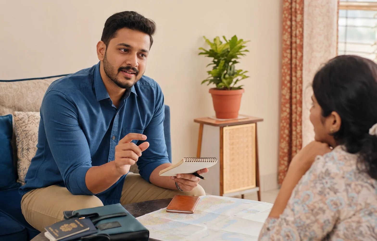 A traveler practicing tourism answers with his spouse at home
