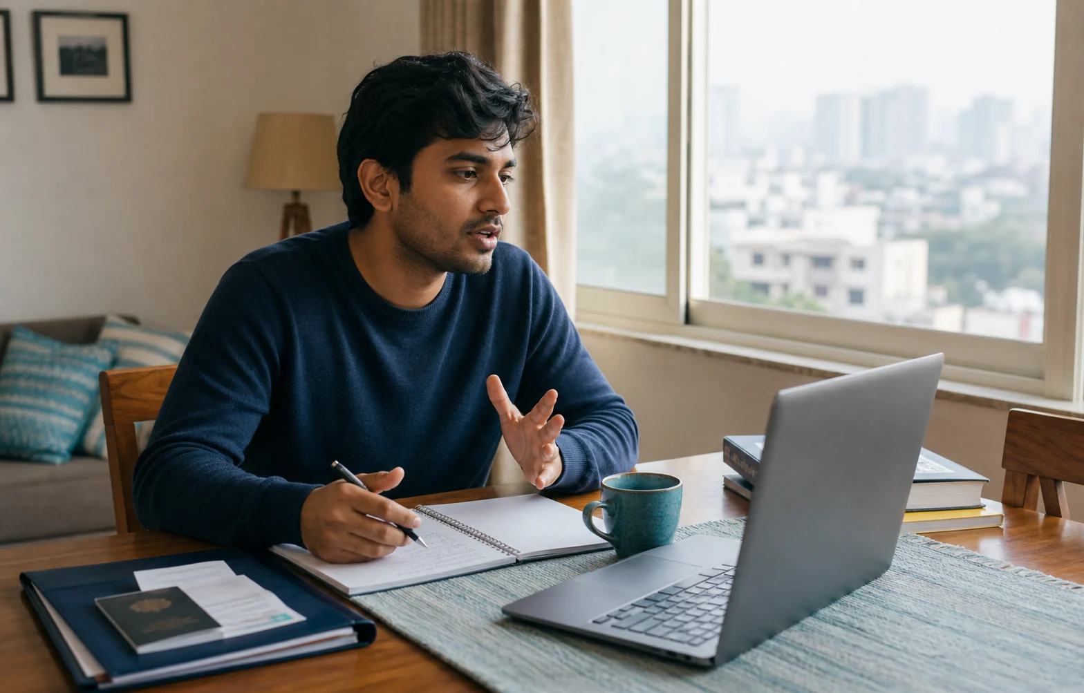 A student rehearsing visa interview answers at a dining table